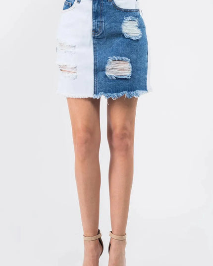 Edgy Contrast Patchwork Frayed Denim Distressed Skirt