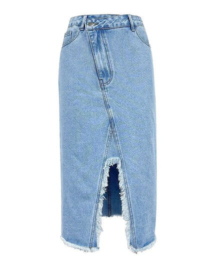 Raw Hem Slit Midi Denim Skirt - ShopEasier