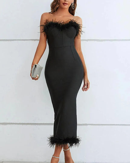 Feather Trim Strapless Sweetheart Neck Dress