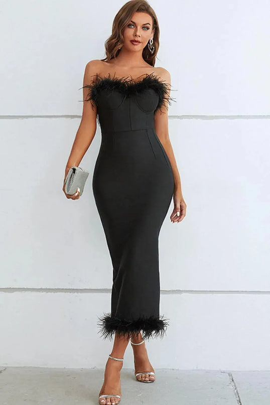 Feather Trim Strapless Sweetheart Neck Dress