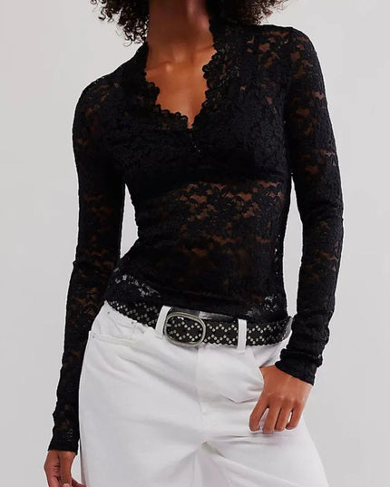 Lace V-Neck Semi-Sheer Long Sleeve Blouse