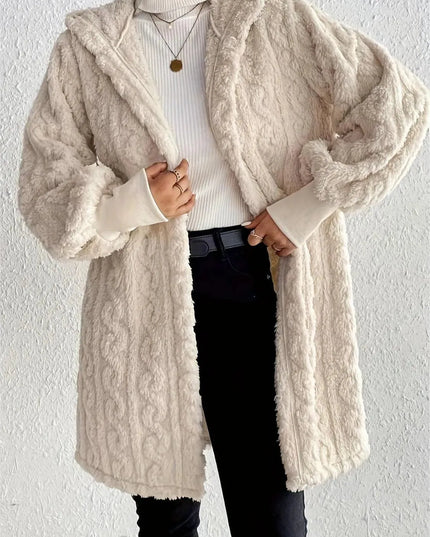 Cozy Hooded Fuzzy Jacket with Open Front and Long Sleeves