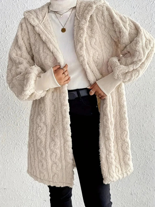 Cozy Hooded Fuzzy Jacket with Open Front and Long Sleeves