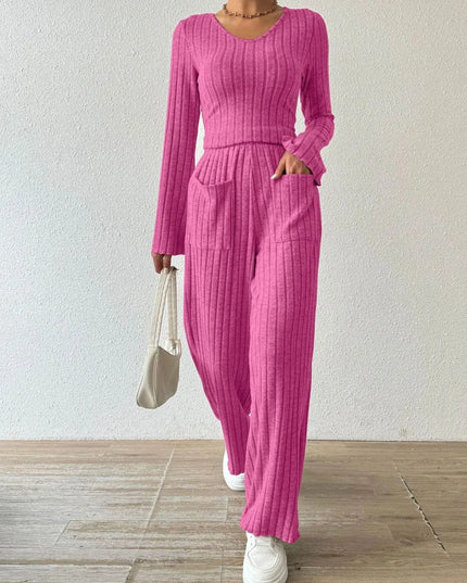 V-Neck Ribbed Long Sleeve Top with Pocketed Trousers Set