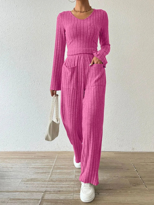 V-Neck Ribbed Long Sleeve Top with Pocketed Trousers Set