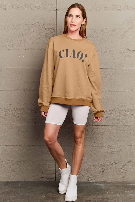 Simply Love Full Size CIAO！Round Neck Sweatshirt - ShopEasier