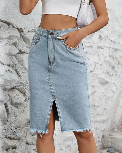 Raw Hem Slit Denim Skirt - ShopEasier