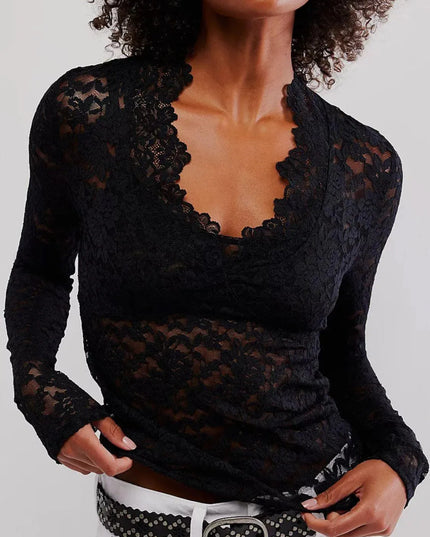 Lace V-Neck Semi-Sheer Long Sleeve Blouse