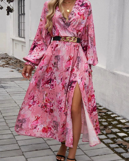 Devine Split Printed Surplice Long Sleeve Midi Dress - ShopEasier