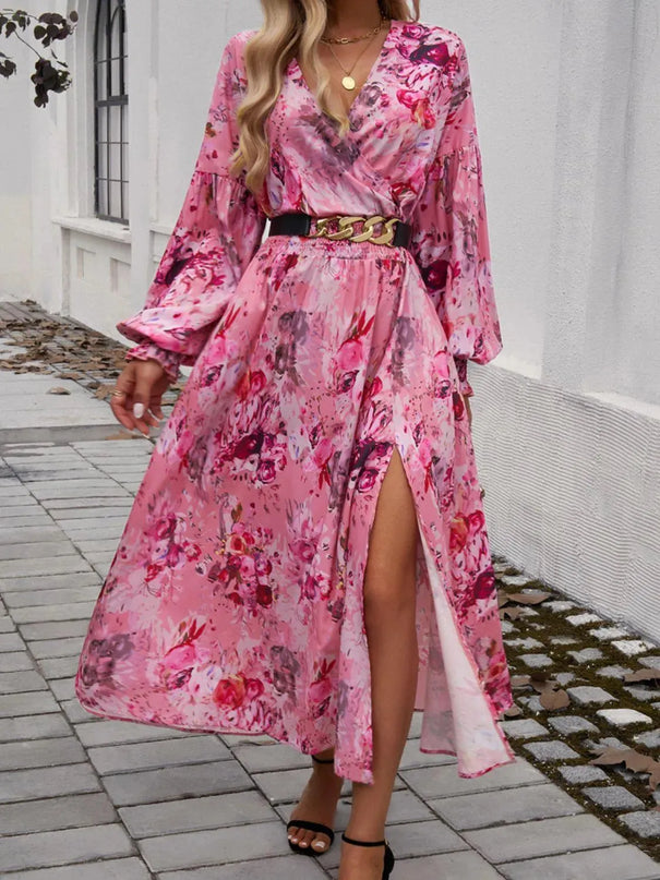 Devine Split Printed Surplice Long Sleeve Midi Dress - ShopEasier