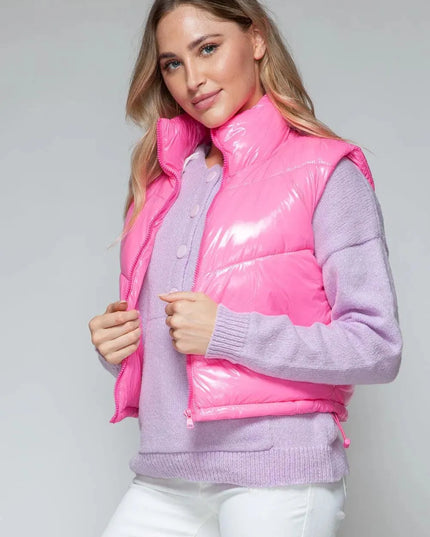 Chic Shiny Quilted Turtleneck Vest with Zip Closure