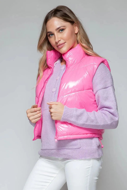 Chic Shiny Quilted Turtleneck Vest with Zip Closure