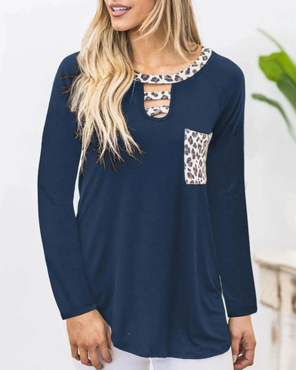 Leopard Print Cutout Long Sleeve Tee with Pocket