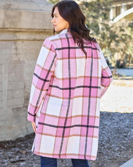 Plaid Button-Up Lapel Coat with Pockets - Full Size Double Take Design