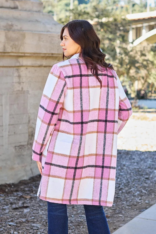 Plaid Button-Up Lapel Coat with Pockets - Full Size Double Take Design