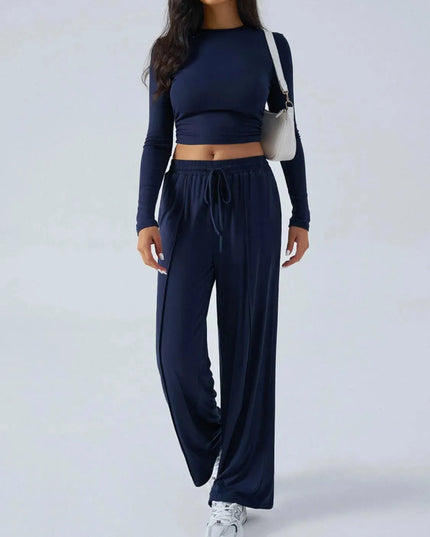 Chic Tied Long Sleeve Top and Pants Set with Pockets