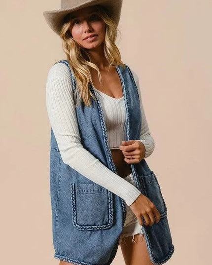 BiBi Braided Trim Open Front Denim Vest with Pockets - ShopEasier