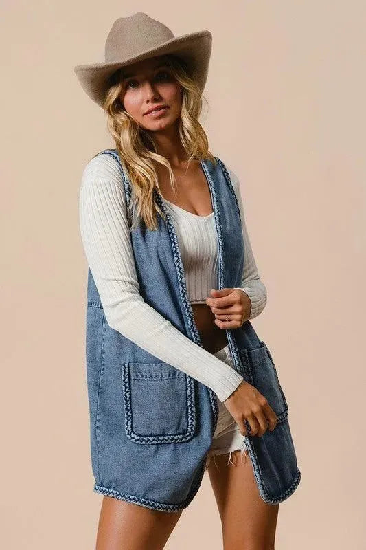 BiBi Braided Trim Open Front Denim Vest with Pockets - ShopEasier