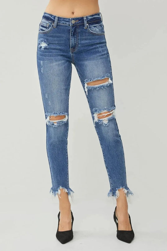 RISEN Distressed Frayed Hem Slim Jeans - ShopEasier