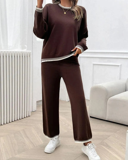 Chic Dropped Shoulder Sweater Set with Round Neck Top and Pants