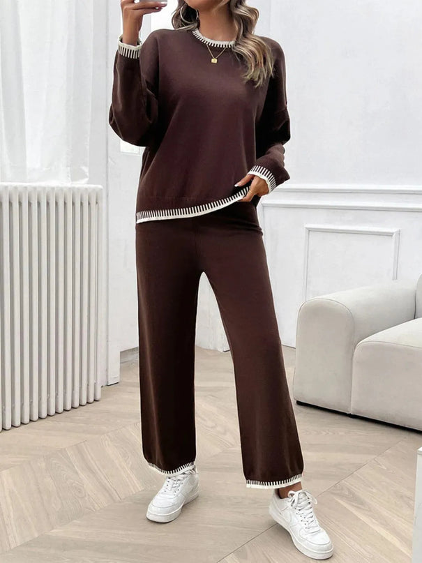 Chic Dropped Shoulder Sweater Set with Round Neck Top and Pants