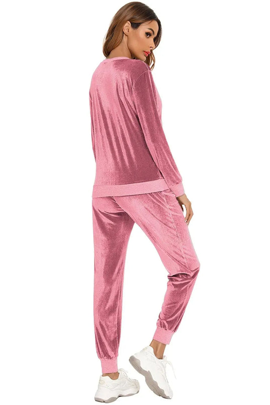 Cozy Round Neck Long Sleeve Lounge Set with Convenient Pockets