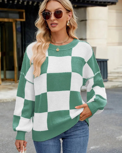 Checkered Round Neck Long Sleeve Sweater - ShopEasier