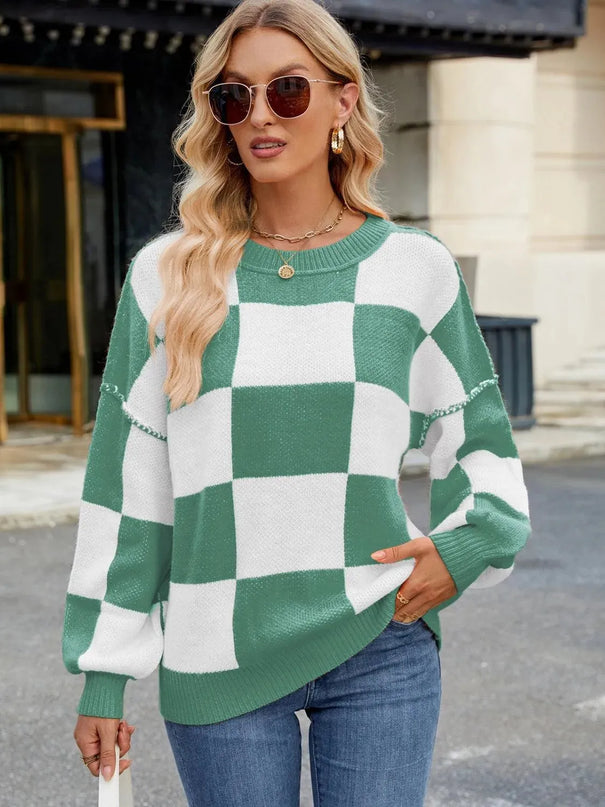 Checkered Round Neck Long Sleeve Sweater - ShopEasier