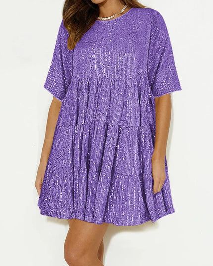 Sequin Round Neck Half Sleeve Mini Dress