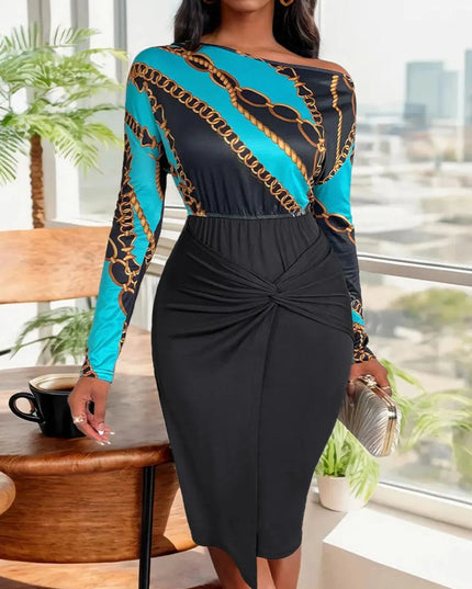 Perfee Twisted Printed Long Sleeve Dress