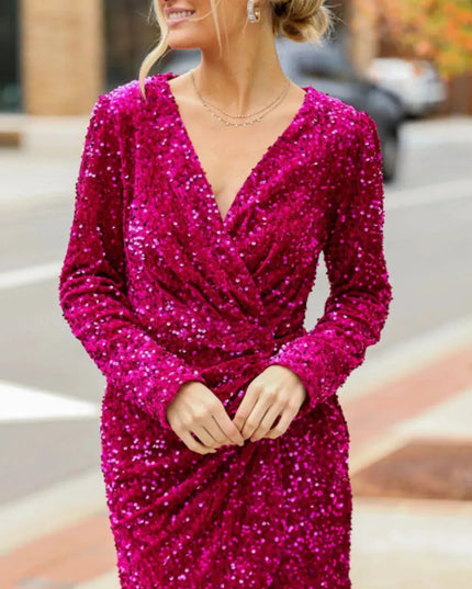 Sequin Surplice Long Sleeve Mini Dress