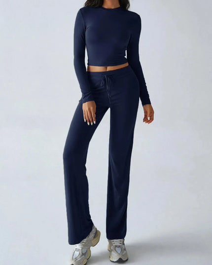 Elegant Long Sleeve Top with Drawstring Trousers Set