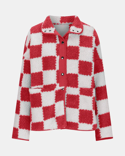 Checkered Snap Down Long Sleeve Teddy Jacket - ShopEasier