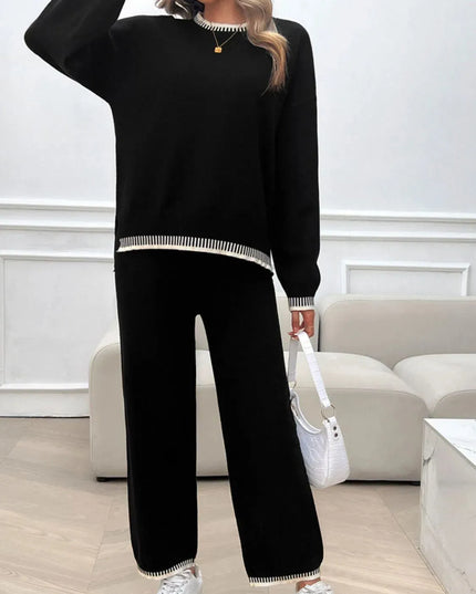 Chic Dropped Shoulder Sweater Set with Round Neck Top and Pants