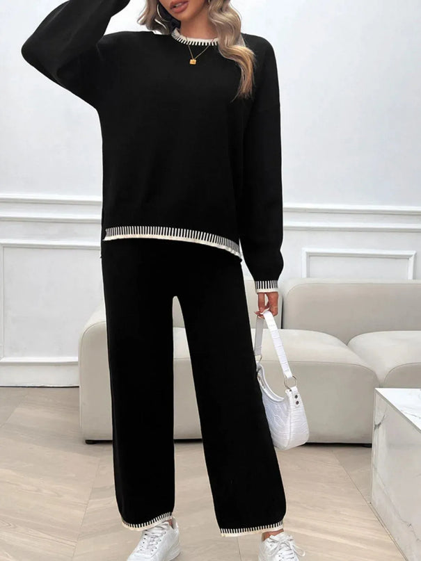 Chic Dropped Shoulder Sweater Set with Round Neck Top and Pants