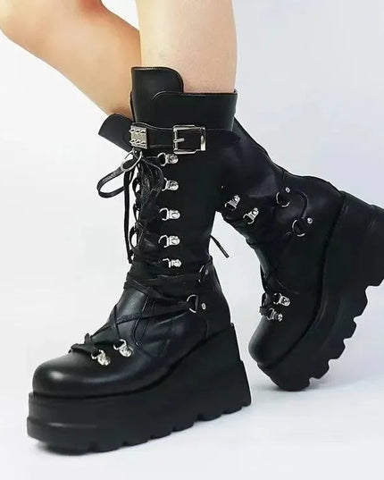 PU Leather Lace Up Wedge Boots - ShopEasier