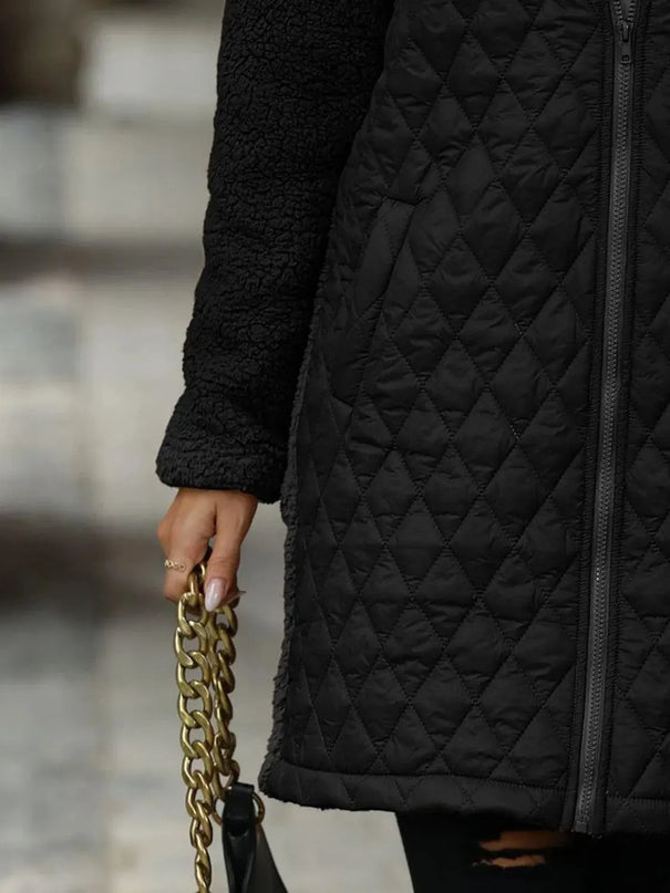 Textured Hooded Zip-Up Coat with Long Sleeves