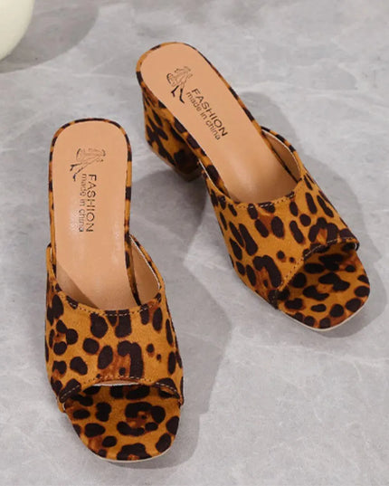 Leopard Print Suede Mid Heel Sandals