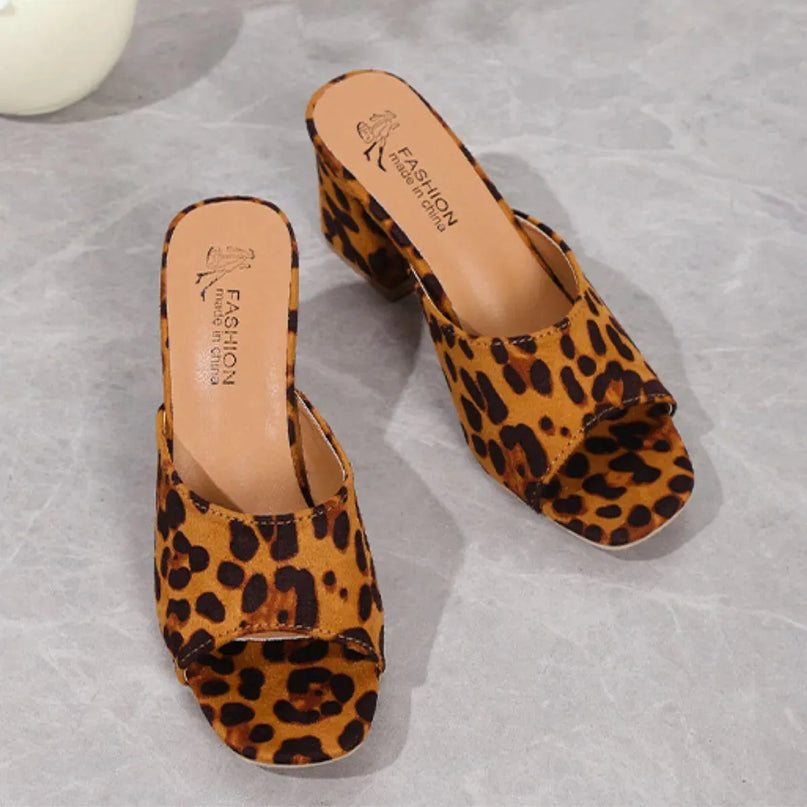 Leopard Print Suede Mid Heel Sandals