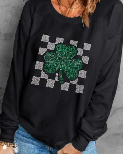 Rhinestone-Embellished Checkered Clover Crewneck Sweatshirt