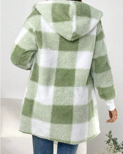 Plaid Long Sleeve Hooded Coat - ShopEasier