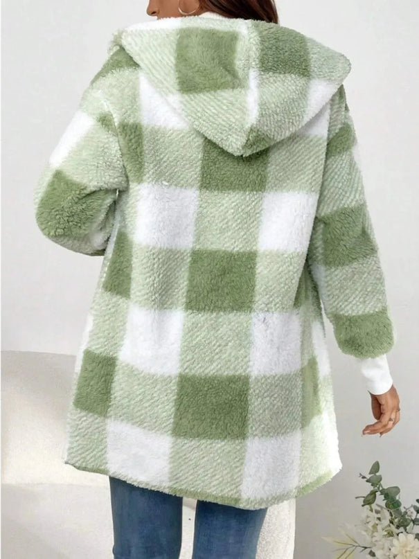 Plaid Long Sleeve Hooded Coat - ShopEasier