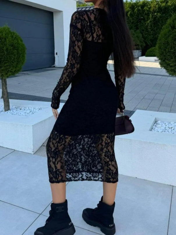 Vestido midi de encaje con cuello redondo y manga larga