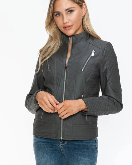 Snobbish Faux Leather Zip Up Mock Neck Jacket - ShopEasier