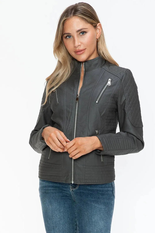 Snobbish Faux Leather Zip Up Mock Neck Jacket - ShopEasier