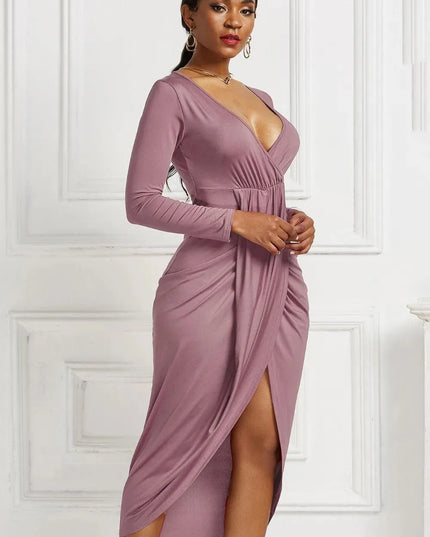 High-low Ruched Surplice Long Sleeve Dress