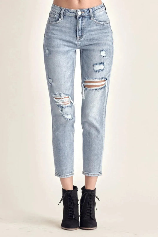 RISEN Distressed Slim Cropped Jeans - ShopEasier