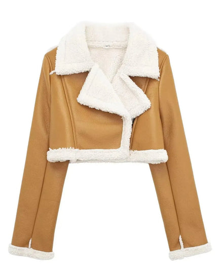 Collared Neck Long Sleeve Plush Cropped Jacket - ShopEasier