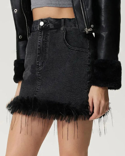 Plush Hem Mini Denim Skirt - ShopEasier