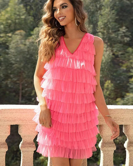 V-Neck Tiered Sleeveless Mesh Dress